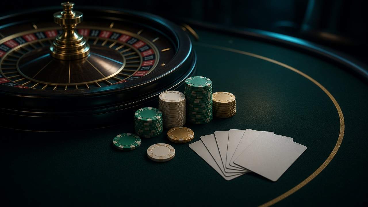Roleta europeia, fichas e cartas sobre o feltro verde do casino