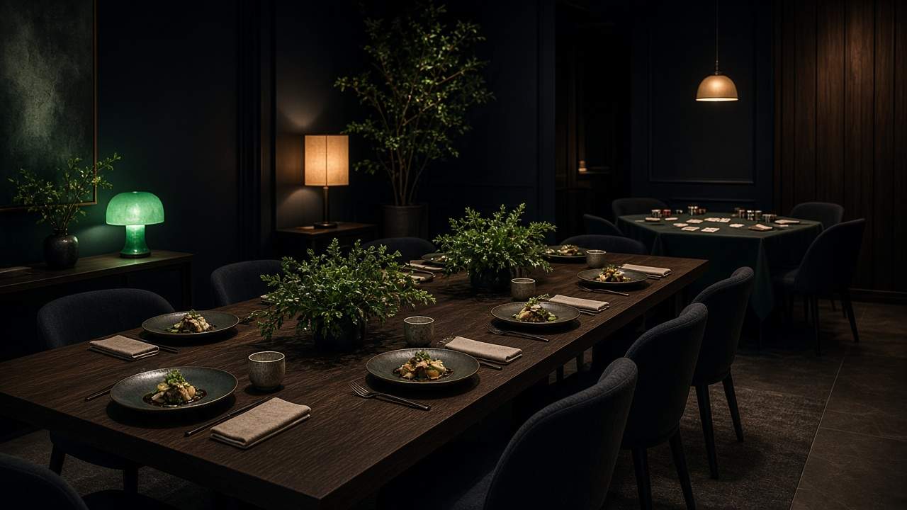 Mesa longa posta para um jantar privado e, ao fundo, uma mesa de cartas