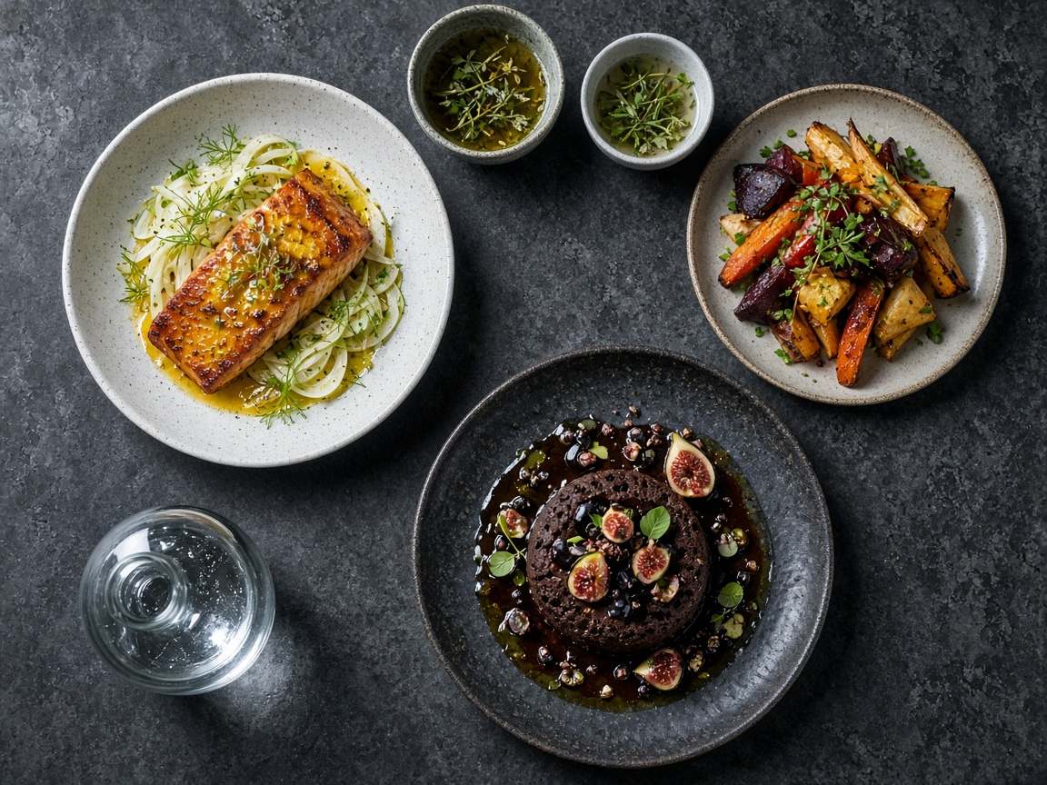 Três pratos de autor: peixe citrino, legumes assados e sobremesa de chocolate com figo